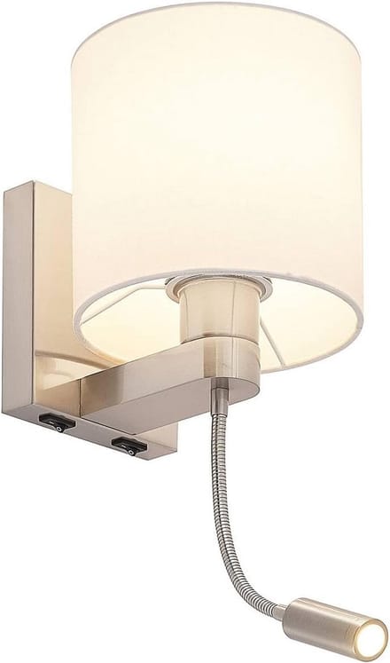 Moderne Wandlamp met Zwenkbare Leeslamp - Wit Textiel en Nikkel