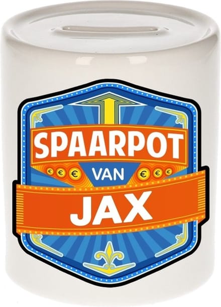 Bellatio Decorations Kinder spaarpot met naam - Jax - keramiek - met dop - wit - Sparen - Spaargeld van Jax