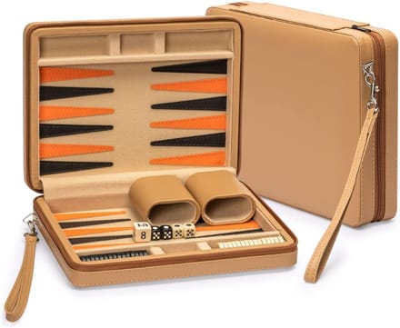 Core® Backgammon Koffer – Luxe Backgammon Set – Lederen Bordspel – Bruin- 24cm x 23cm x 1cm