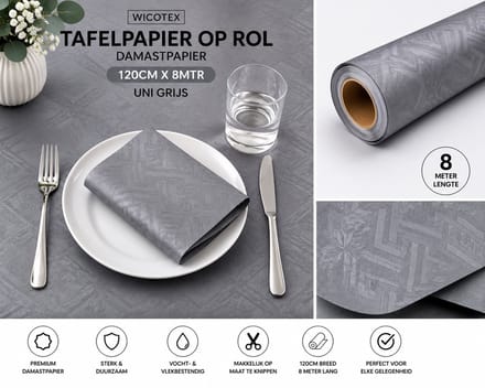 Wicotex - Tafelpapier op rol - Damastpapier - Afmeting 120cm x 8meter - Kleur uni grijs