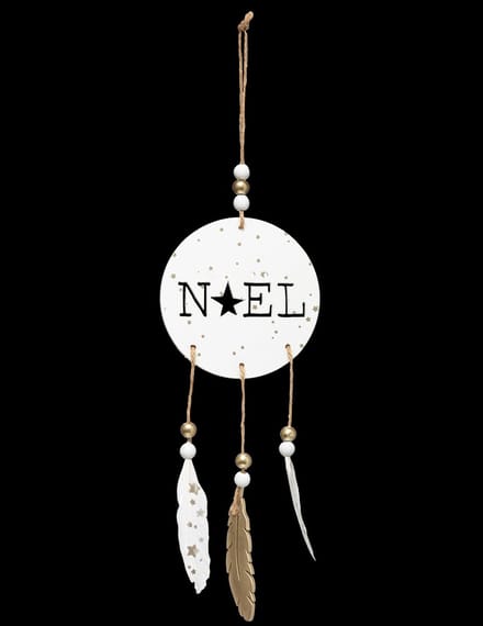JJA - Houten kersthangdecoratie boho en veren 28 cm wit en goud