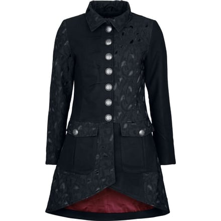 Gothicana zwarte mantel met rode voering en halfzijdige brokaat - Dames - S