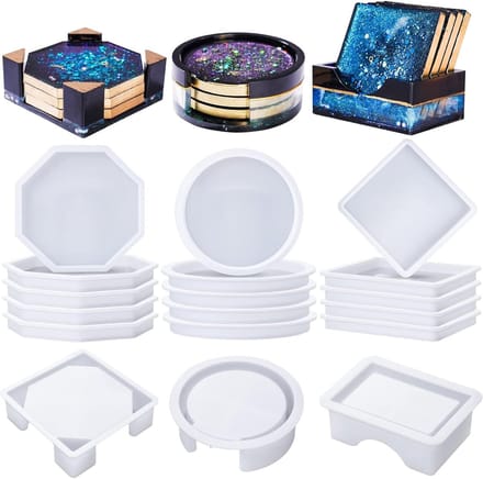15 Epoxyhars Coasters Siliconen Mallen met Houder, DIY Mallen voor Creatieve Projecten, Rond, Vierkant en Octagonaal