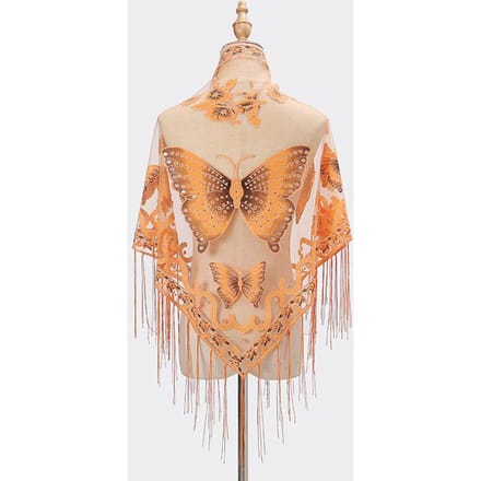 Écharpe Triangle à Pompons Couleur Unie Dentelle Creuse Broderie Papillon Châle Triangle Écharpe pour Femmes 150-65cm beige