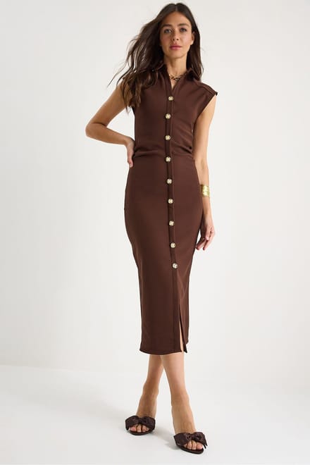 Slim Fit Midi-jurk met Tippet Kraag en Knopenclosing