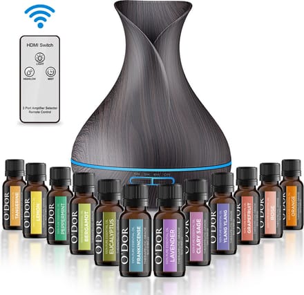 O'dor® Aroma Diffuser - Extra 12 flesjes Etherische Olie - Luchtbevochtiger – Aromatherapie - Geurverspreider - Verstuiver - Aromadiffusers - Cadeau Set - Donkerbruin