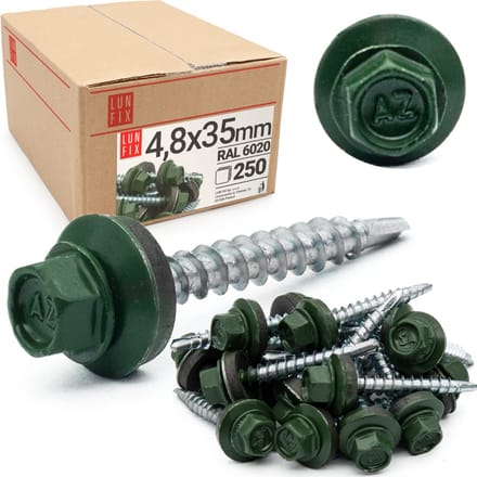 Trapezblechschroeven 4,8 x 35 mm - 250 stuks - Chromoxidegroen RAL 6020 - Spenglerschroeven met dichtschijf
