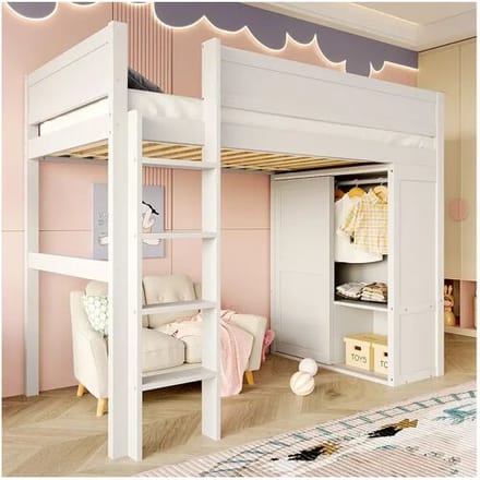 Merax Kinderhoogslaper - 90 x 200 cm - met kledingkast + opbergvak - Grenen + MDF - wit