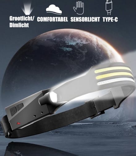 LED Hoofdlamp - 8 lichtmodi - 3 lichtstrips + 1 zijlicht - Breedstraler 230° - BewegingsSensor - Zwart