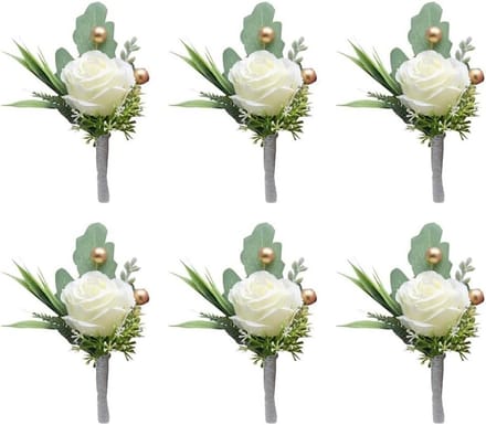 Bruiloft Boutonniere Set - Corsage Mannen - Feestelijke Accessoires - Zijden Witte Roos - 6 stuks - Wit