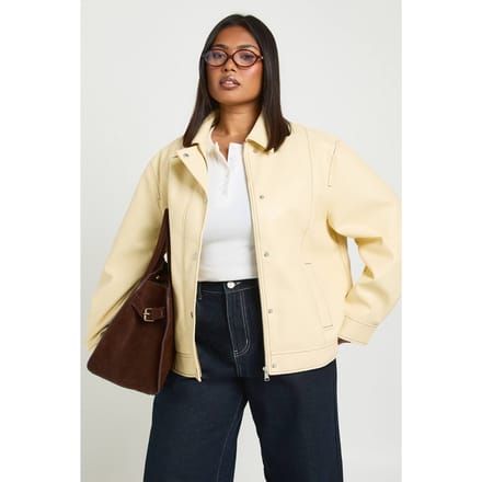 boohoo Dames Plus Kunstleren Jas met Contrasterende Stiksels | Cream | Maat: 16