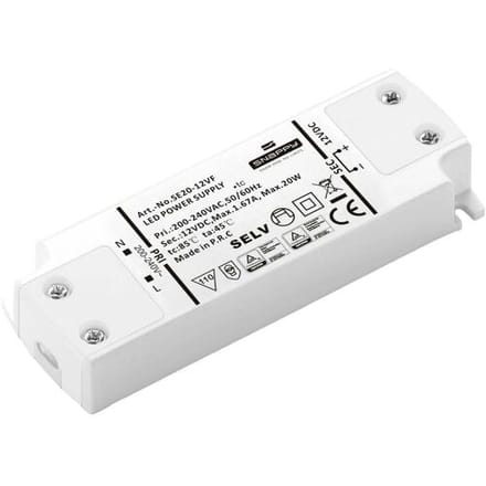 Dehner Elektronik SE 20-12VF (12VDC) LED-transformator, LED-driver Constante spanning 20 W 1.67 A 12 V/DC Geschikt voor meubels, Overbelastingsbescherming,