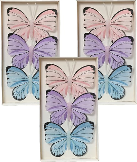 Decoris decoratie vlinders op draad - 9x - gekleurd - 8 x 6 cm
