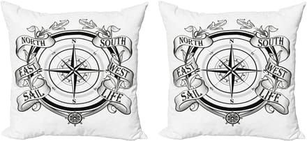 ABAKUHAUS Kompas Kussensloop Set (2 stuks), Zeil Navigatieapparaat, 50 cm, wit/zwart