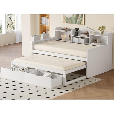 ModernLuxe Houten slaapbank 90x200cm - met uitschuifbed 90x190cm en 2 lades - met USB-aansluiting - Wit