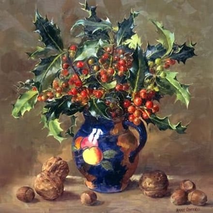 Dubbele kaart met env. Hulst, walnoten en hazelnoten 12x12cm