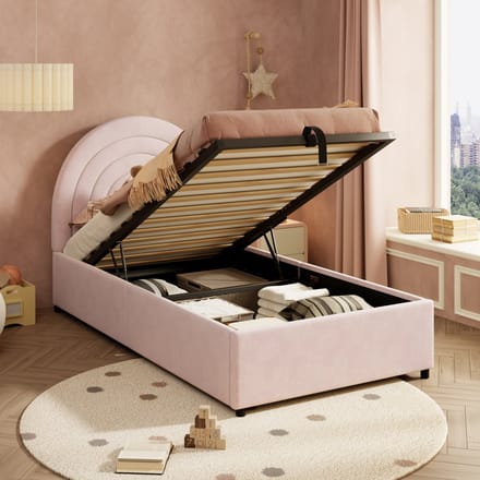 REDOM gestoffeerd bed 90x200 cm – Fluweel roze – Hydraulische opbergruimte, USB – Speels ontwerp