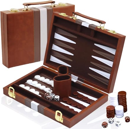 AHD® Backgammon - Backgammon Koffer - Backgammon Reiseditie - Backgammon Hout - Bruin - 29cm x 20cm x 1cm