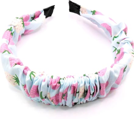 Diadeem lichtblauw met roze-wit aardbei patroon
