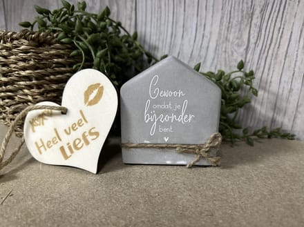Creaties van Hier – Cement house Je bijzonder bent met houten hartje - 8 cm – Cement
