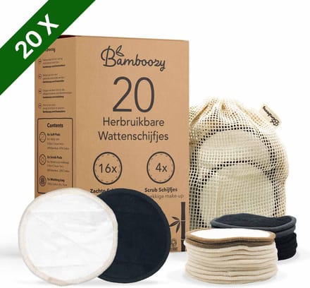 Bamboozy 20 Zwart + Wit Wasbare Wattenschijfjes 16x Dagelijks 4x Scrub Herbruikbare Wattenschijfjes Zero Waste Bamboe