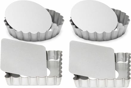 Set van 4x mini taart/quiche bakvormen vierkant en rond zilver 10 cm
