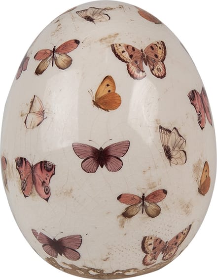 Clayre & Eef Decoratie Ei Ø 10x12 cm Beige Roze Keramiek Vlinders