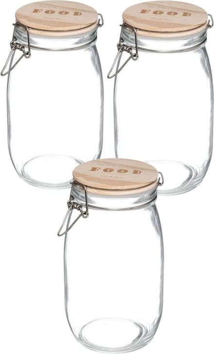 5Five Weckpot/voorraadpot - 3x stuks - 1,5L - glas - houten deksel en beugelsluiting - luchtdichte afsluiting