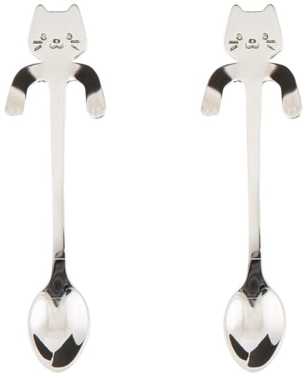 2x Theelepel / Koffielepel Hangende Kat - Zilver - 2 Stuks