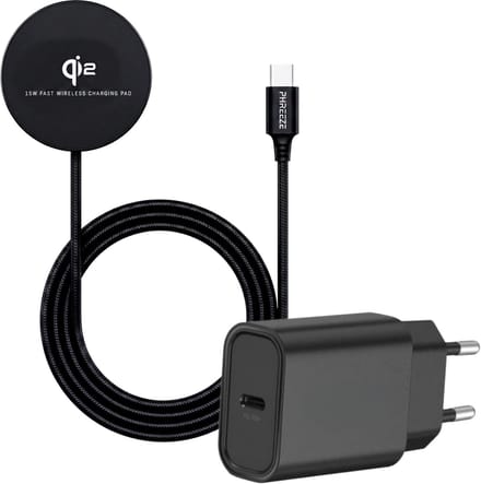 Draadloze Qi2 Oplader Gecertificeerd 15W Magnetisch Nylon 1 Meter + USB C Adapter 20W Power Delivery Snellader Zwart