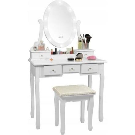Houten kaptafel wit - met LED-verlichte spiegel- met bijpassende kruk - 80x40x137 cm