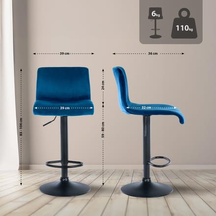 CLP Barkruk Hover - met rugleuning - verstelbaar - draaibar - metalen frame - fluweel - zwart/blauw