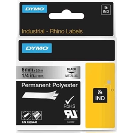 DYMO 1805441 IND Rhino tape permanent polyester zwart op metallic 6mm (origineel)