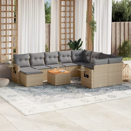 vidaXL - 11-delige - Tuinset - met - kussens - poly - rattan - beige