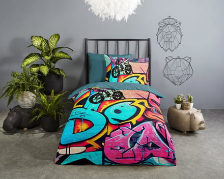 Good Morning dekbedovertrek graffiti - 1 persoons 140x200/220 cm - Multi - 100% Katoen renforc�