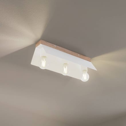 Lamkur Plafondlamp Esme, wit, lengte 40 cm, metaal/hout, 3-lamps