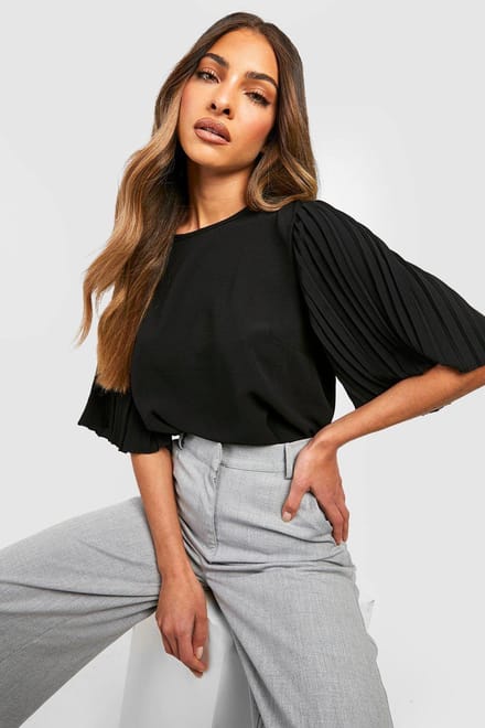 boohoo Dames Pleat Sleeve Woven Blouse | Black | Maat: 6