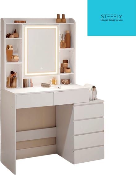 SteeFly® Kaptafel Met Spiegel - Bureau Met LED Verlichting - Moderne Make-Up Tafel - Veel Opbergruimte - Wit Strak Design