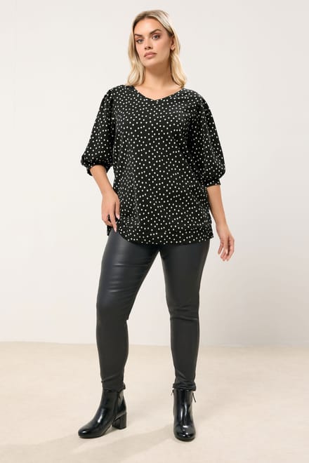 Yours Zwarte Top Met Stippen En Ballonmouwen Size 44