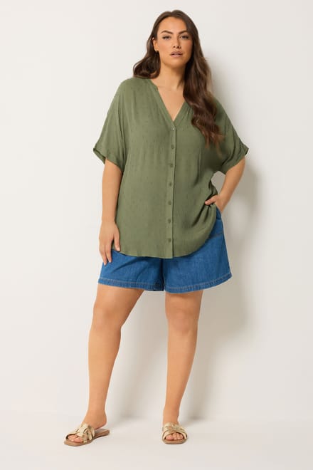 Yours Groene Blouse Met Dobbystructuur En Inkeping In De Hals Size 44