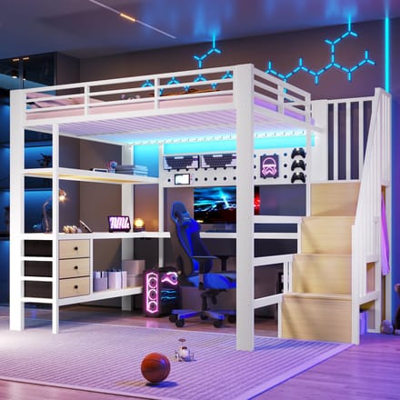 MODFU - Hoogslaper - Opbergruimte En Bureau - Modern - Metaal En MDF - Wit - 140 x 200 cm