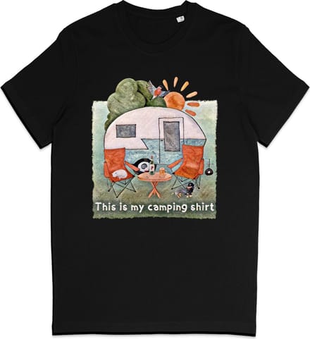 Heren en Dames T Shirt - Camping Kampeer Tafereel - Zwart M