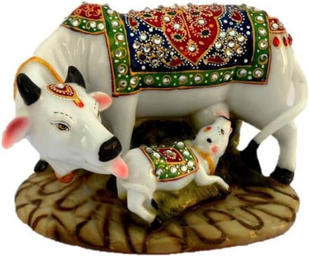 Decoratief Marmerlook Koe en Kalf Standbeeld voor Binnen en Buiten