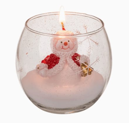 Kerstkaars in glas sneeuwpop/kerstman, ca. 8 cm, 2 varianten