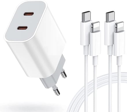 35W Snellader met 2 USB-C Poorten + 2x Geschikt voor iPhone Snellaadkabel - 2 Meter