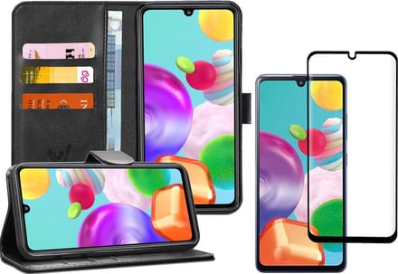 Hoesje geschikt voor Samsung Galaxy A41 - 2x Screen Protector GlassGuard - Book Case Kunstleer Pasjeshouder Zwart & Screenprotector
