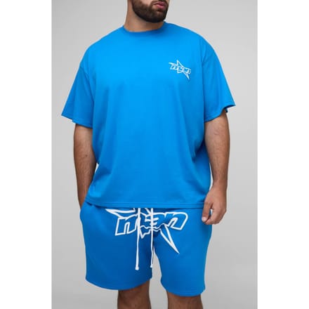 Plus Men's Star Puff Print Oversized T-Shirt & Relaxed Jersey Short Set | Blue | Size 2XL