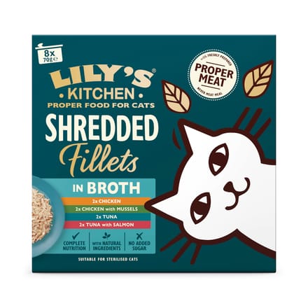 Lily's Kitchen Versnipperde filets voor katten 8 x 70 g - Gemengd pakket in bouillon (4 Soorten)