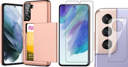 Hoesje met Pasjeshouder geschikt voor Samsung Galaxy S21 FE - Screenprotector GlassGuard & Camera Lens Screen Protector - Back Cover SlideCase Roségoud
