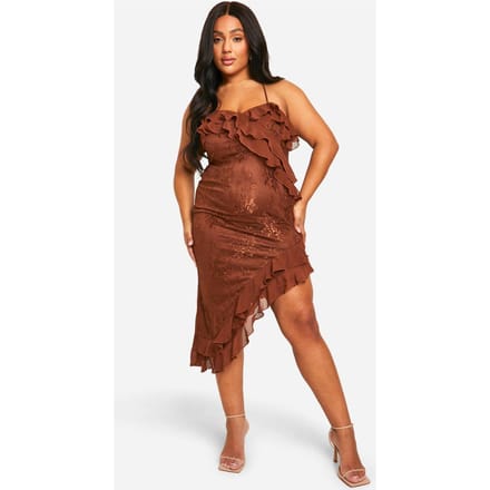 boohoo Dames Plus Lace Frill Asymmetric Midaxi Jurk | Chocoladebruin | Maat: 54
